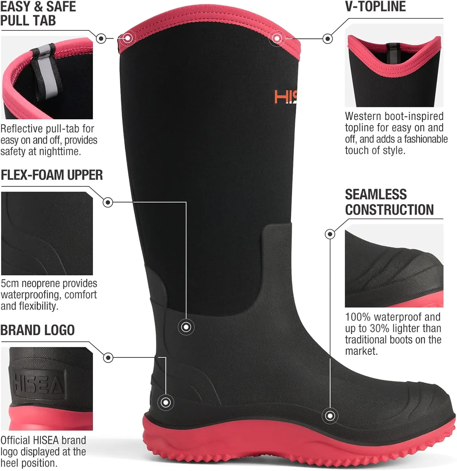 HISEA Women's Neoprene Tall Rain Boots Waterproof Garden Boots Wellington Rubber Boots