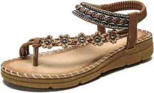HNGHOU Women's Summer Sandals Casual Comfortable Bohemia Beach Flat Sandals Open Toe Ankle Crystal Gladiator Shoes