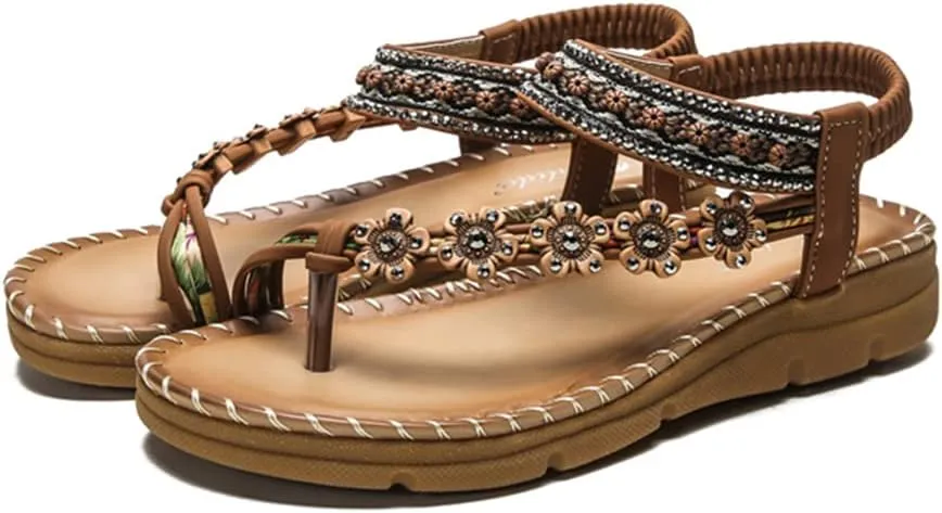 HNGHOU Women's Summer Sandals Casual Comfortable Bohemia Beach Flat Sandals Open Toe Ankle Crystal Gladiator Shoes