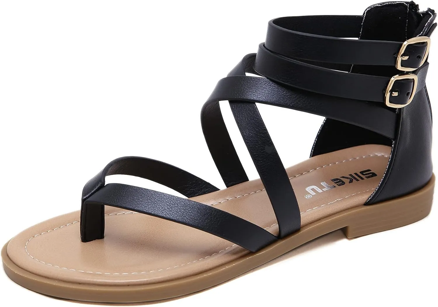 HNGHOU Women's Travel Flat Sandals Summer Casual Rhinestone Roman Flat Sandals Summer Shoes