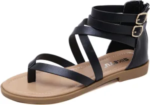 HNGHOU Women's Travel Flat Sandals Summer Casual Rhinestone Roman Flat Sandals Summer Shoes