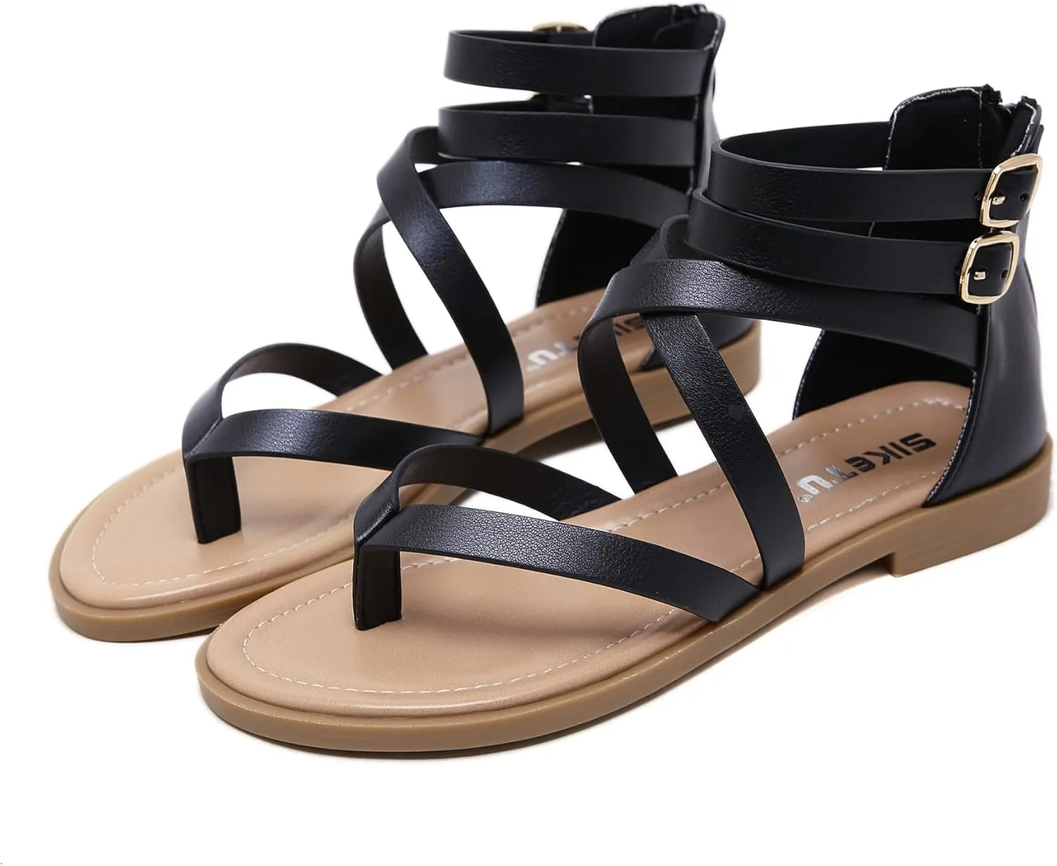 HNGHOU Women's Travel Flat Sandals Summer Casual Rhinestone Roman Flat Sandals Summer Shoes