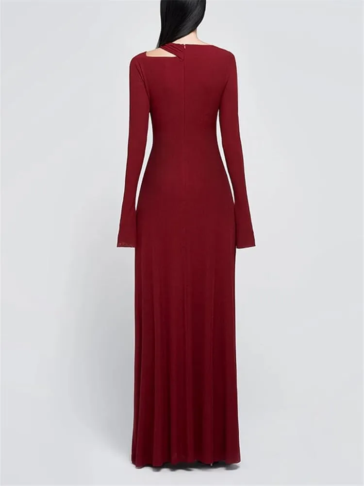 Hollow Out Slimming Formal Dresses for Women Elegant Long Sleeve High Waist Solid Color Dresses