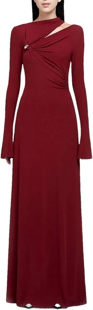 Hollow Out Slimming Formal Dresses for Women Elegant Long Sleeve High Waist Solid Color Dresses