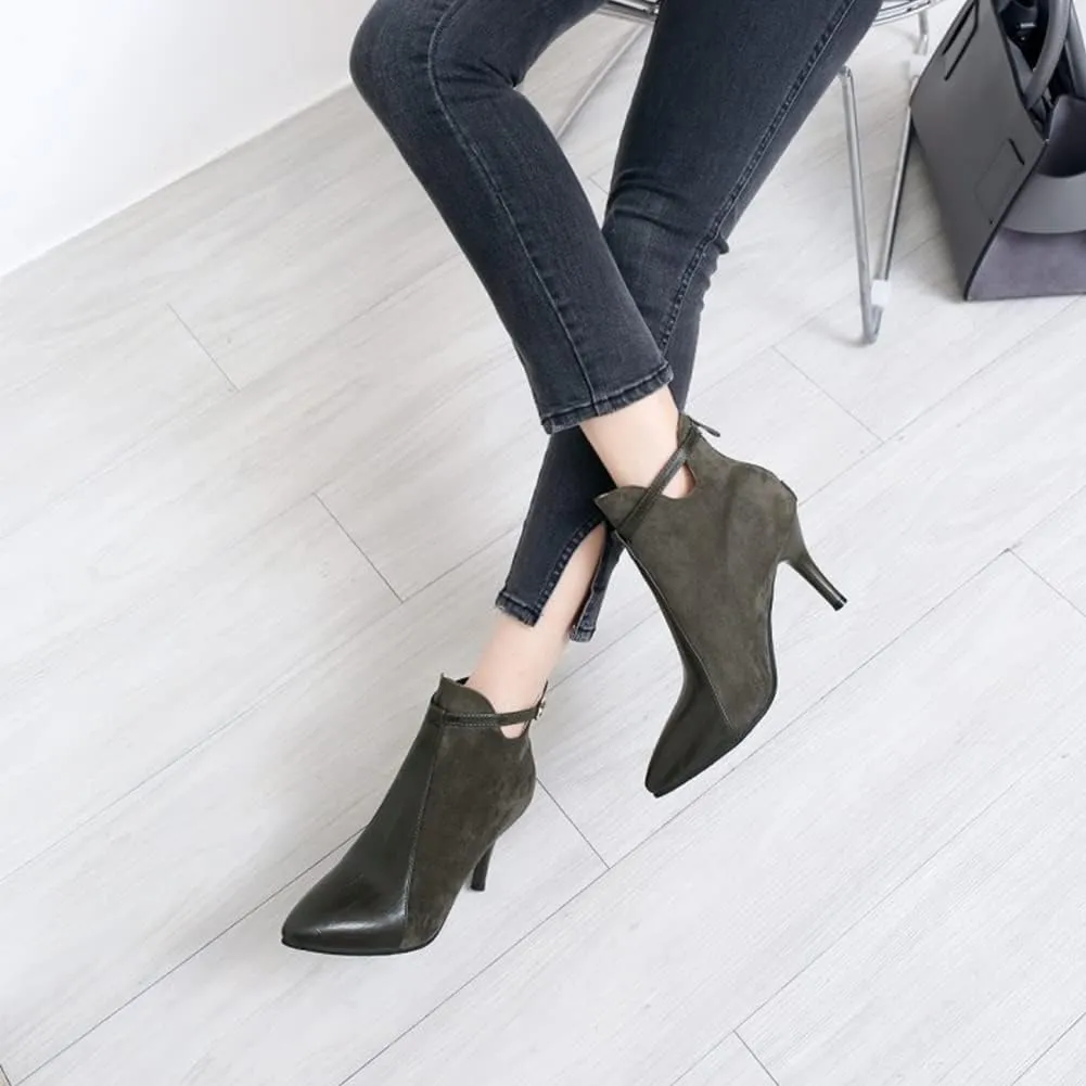 HOTRA Women Two-Tone Pointed Toe Stiletto High Heel Ankle Booties Back Zip Buckle Party Shoes (Color : Army Green, Size : 10 US)