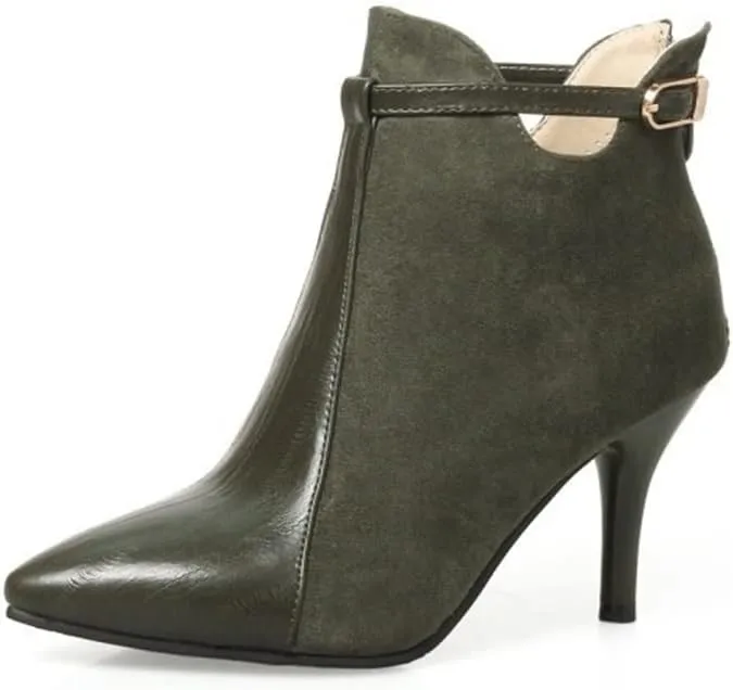 HOTRA Women Two-Tone Pointed Toe Stiletto High Heel Ankle Booties Back Zip Buckle Party Shoes (Color : Army Green, Size : 10 US)