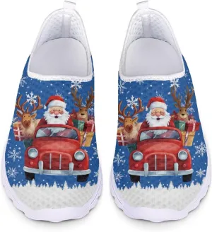 HUIACONG Christmas Blue Road Running Sneaker Santa Claus Elk Women's Sneakers Size 5.5 Slip On Mesh Shoes for Tennis Walking Jogging Hiking Shoes-Car Snowflake Xmas Gifts