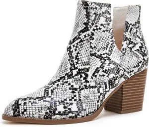 Huiyuzhi Womens Ankle Boots Slip on Cutout Pointed Toe Snakeskin Chunky Stacked Mid Heel Bootie