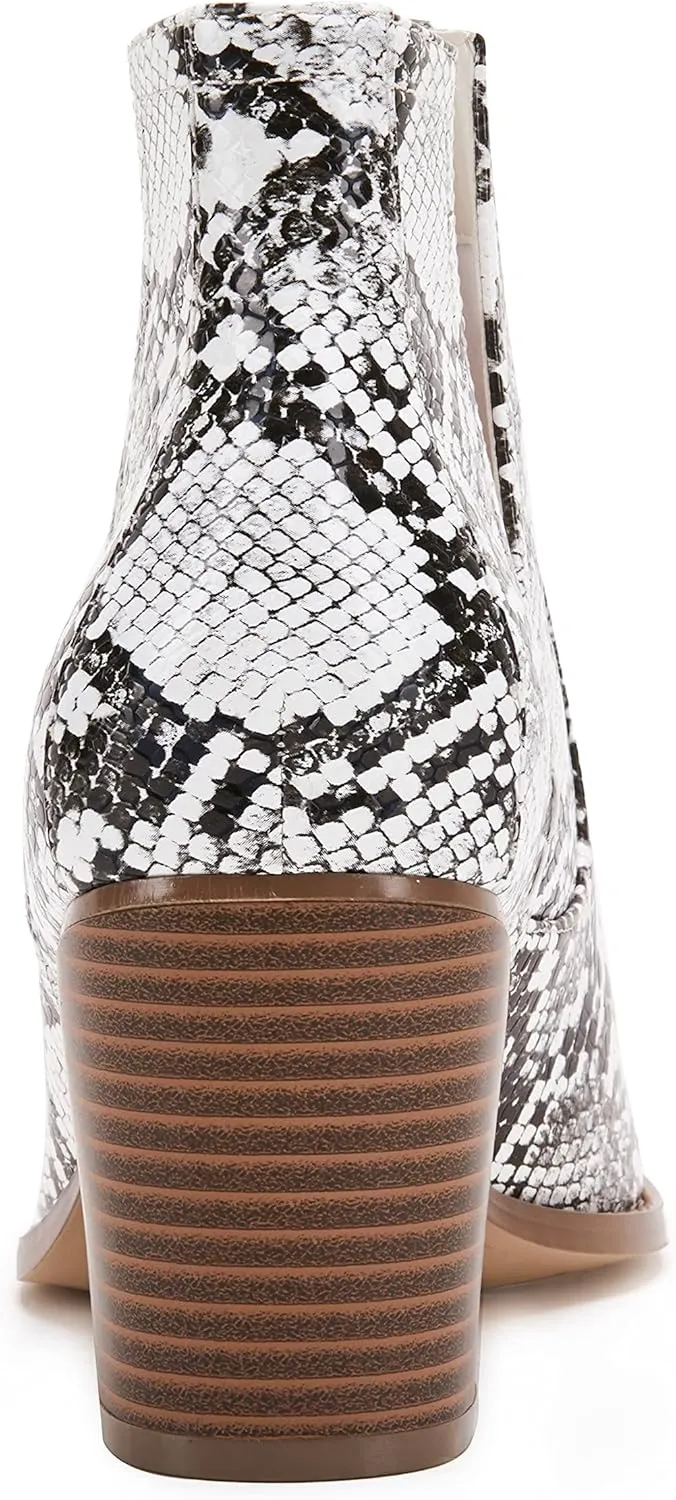 Huiyuzhi Womens Ankle Boots Slip on Cutout Pointed Toe Snakeskin Chunky Stacked Mid Heel Bootie