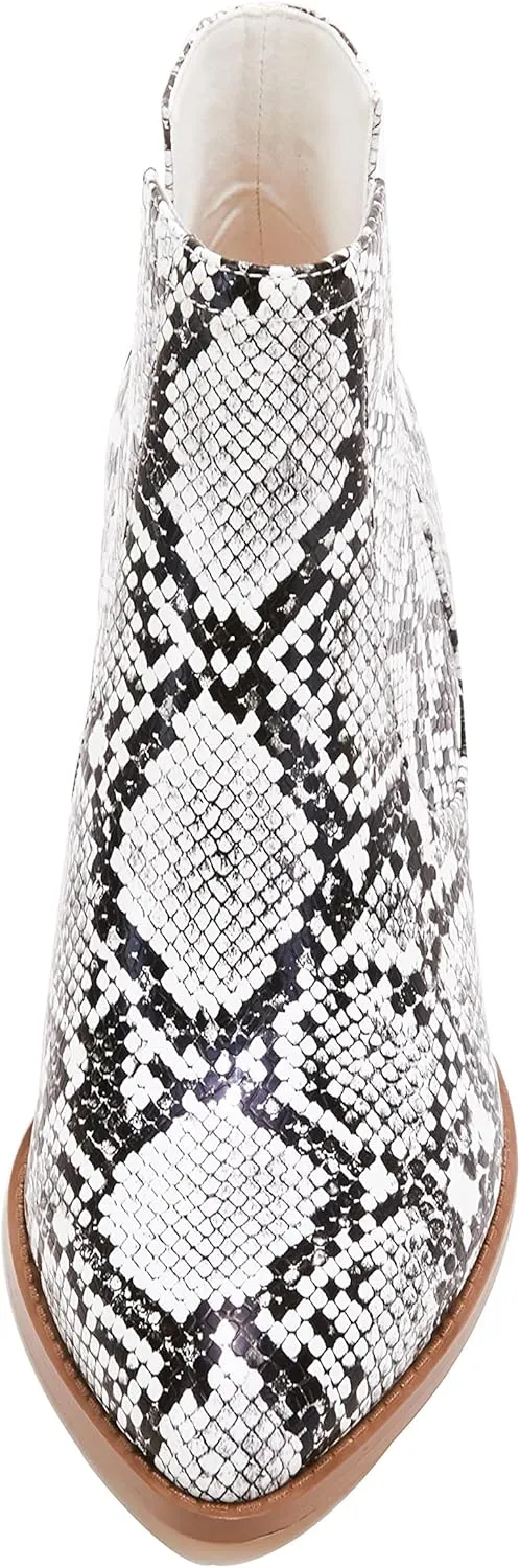 Huiyuzhi Womens Ankle Boots Slip on Cutout Pointed Toe Snakeskin Chunky Stacked Mid Heel Bootie