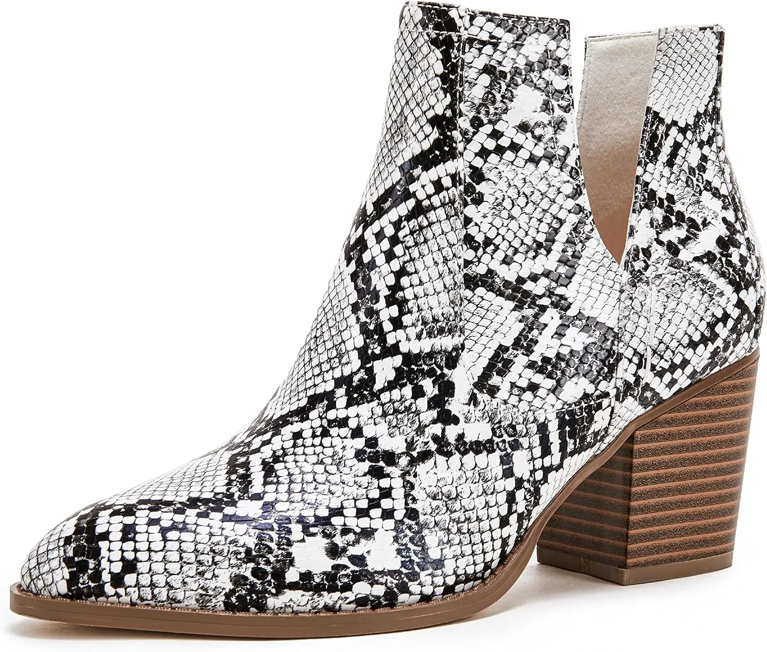 Huiyuzhi Womens Ankle Boots Slip on Cutout Pointed Toe Snakeskin Chunky Stacked Mid Heel Bootie