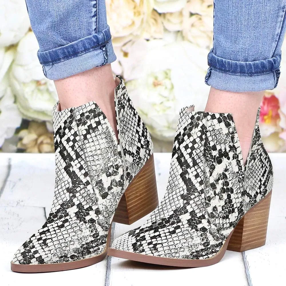 Huiyuzhi Womens Ankle Boots Slip on Cutout Pointed Toe Snakeskin Chunky Stacked Mid Heel Bootie