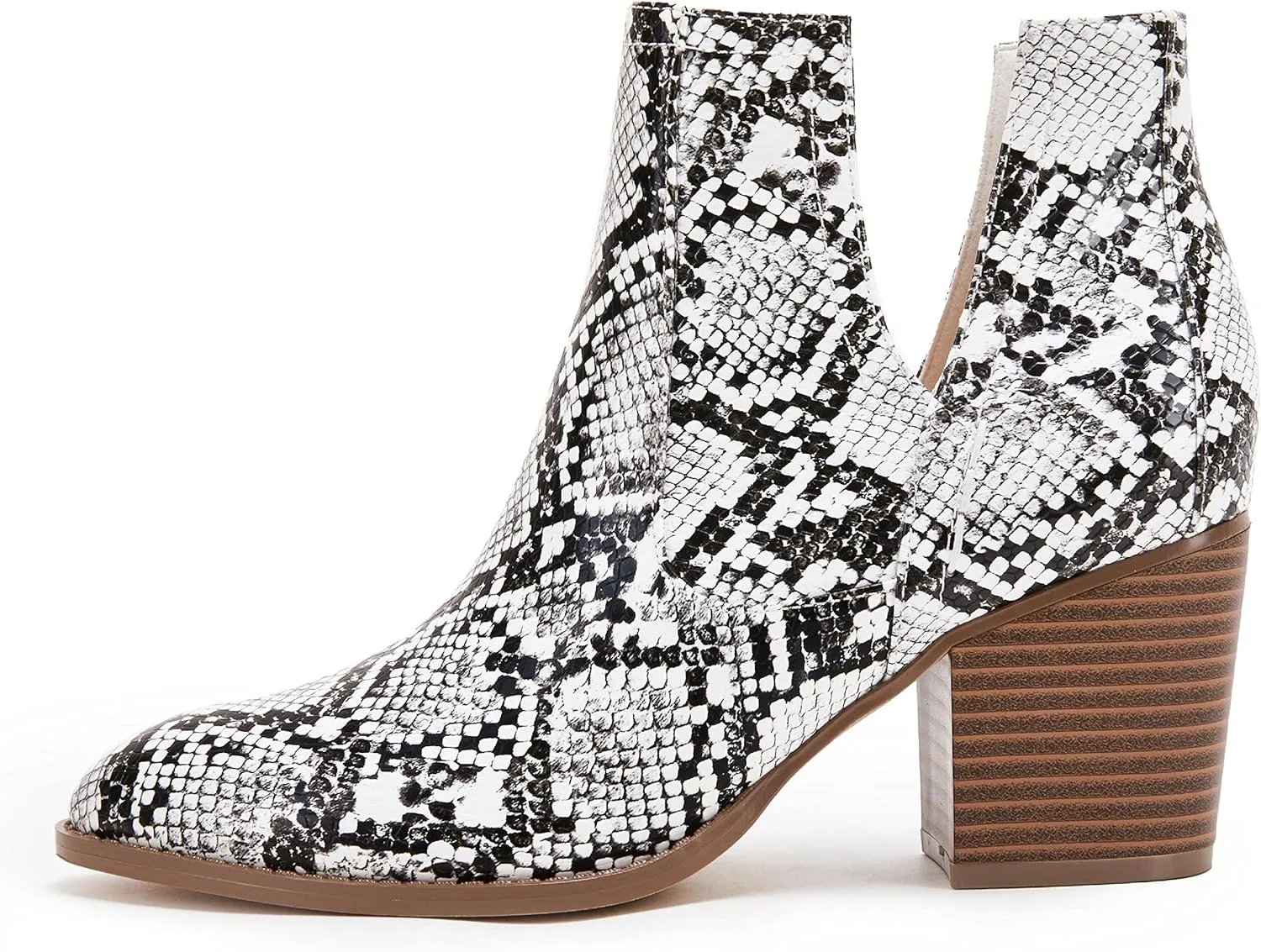 Huiyuzhi Womens Ankle Boots Slip on Cutout Pointed Toe Snakeskin Chunky Stacked Mid Heel Bootie