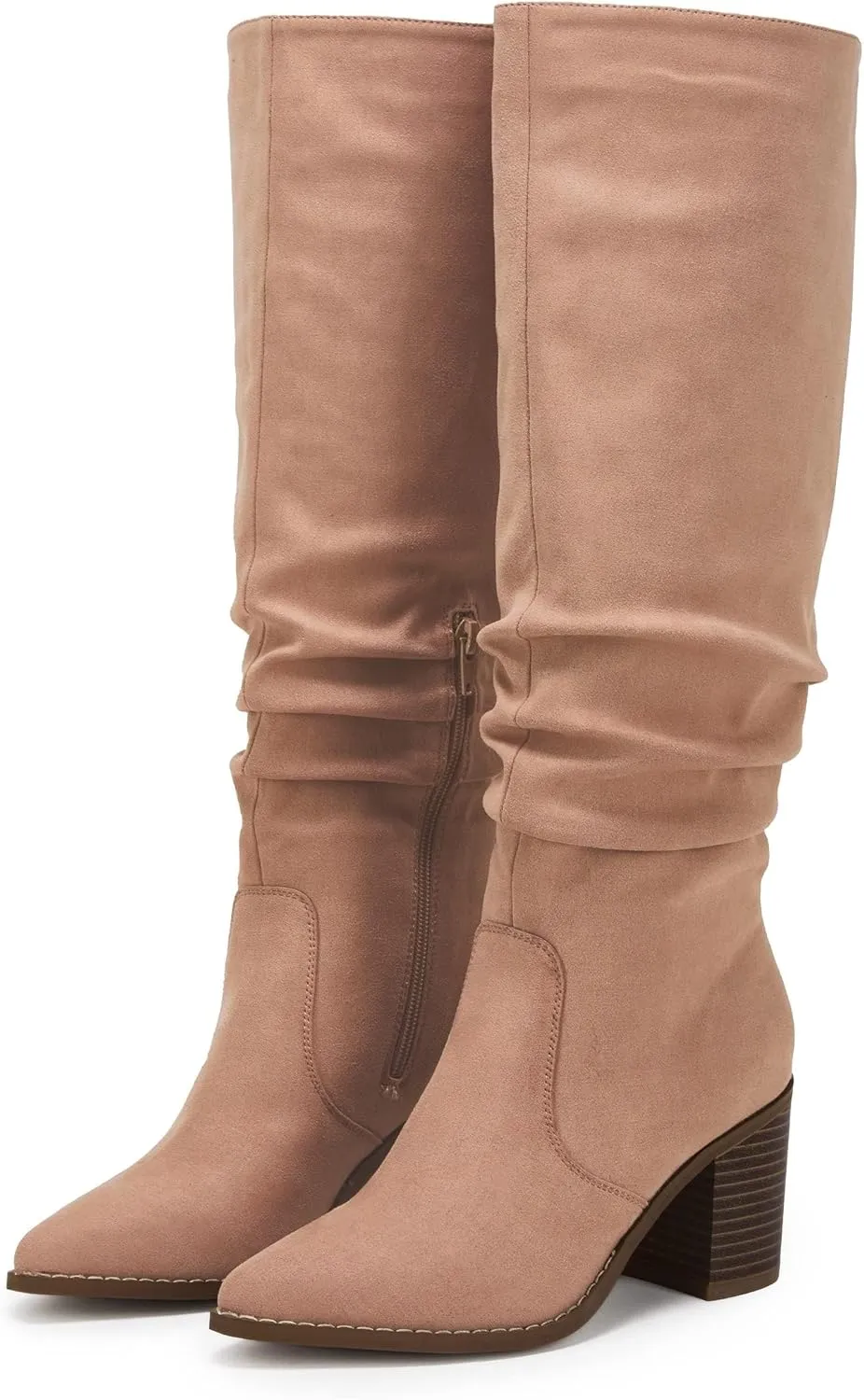 Huiyuzhi Womens Pointed Toe Mid Chunky Heel Side Zipper Knee High Boots Tall Booties