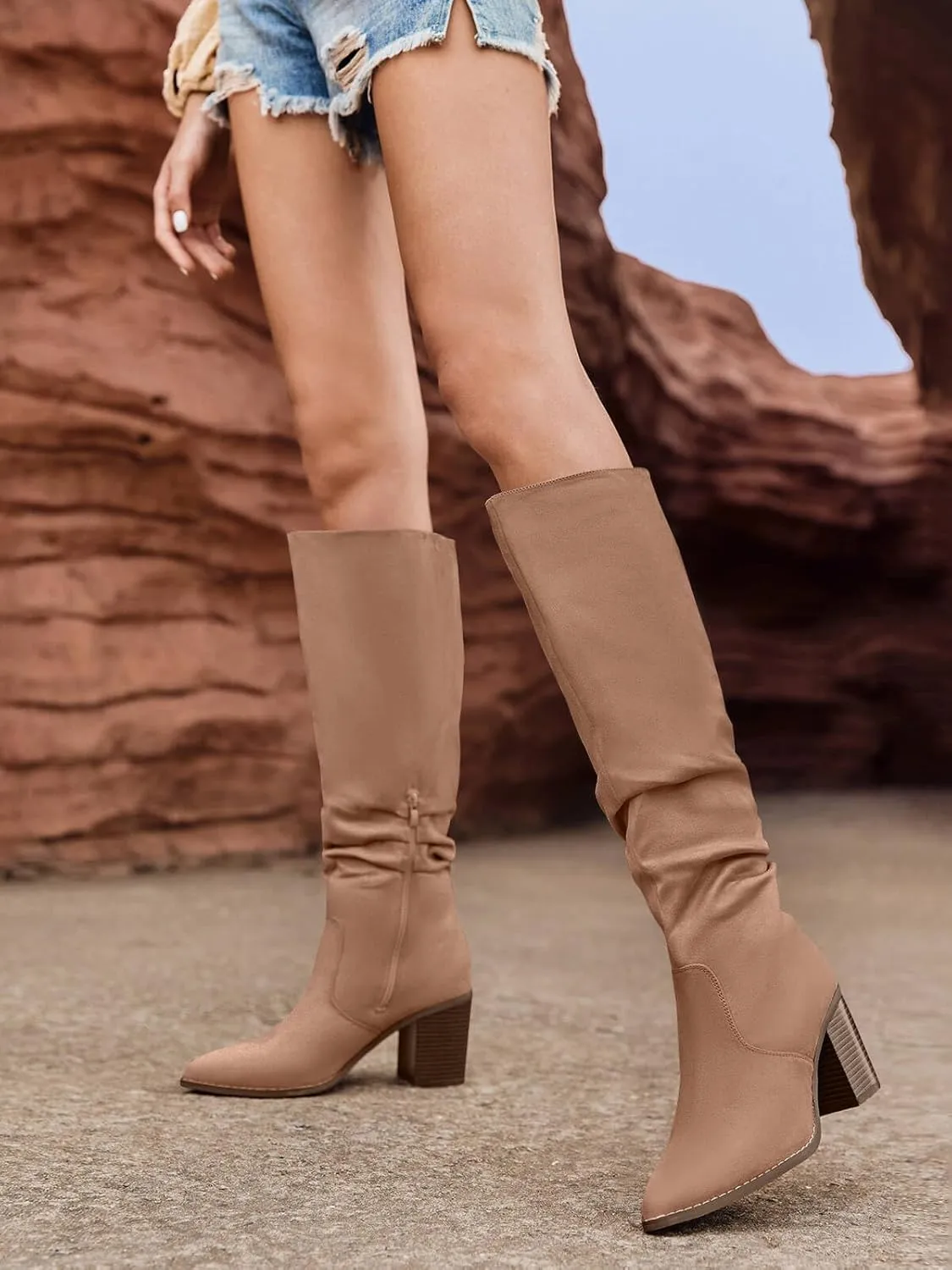 Huiyuzhi Womens Pointed Toe Mid Chunky Heel Side Zipper Knee High Boots Tall Booties