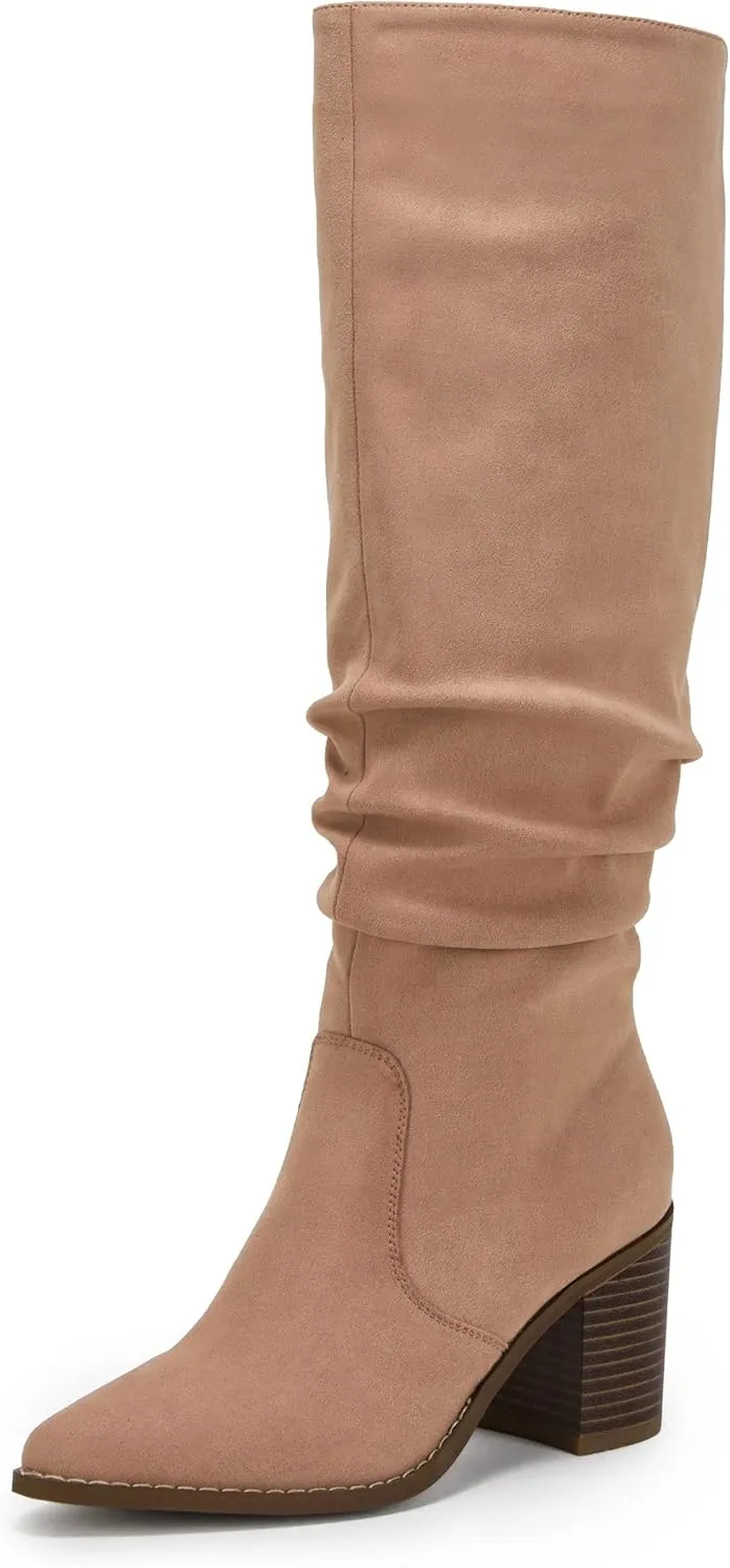 Huiyuzhi Womens Pointed Toe Mid Chunky Heel Side Zipper Knee High Boots Tall Booties