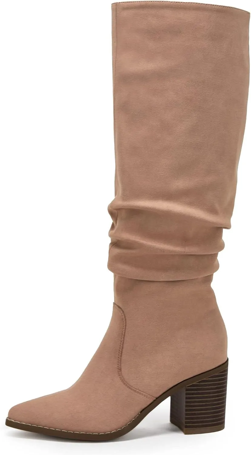 Huiyuzhi Womens Pointed Toe Mid Chunky Heel Side Zipper Knee High Boots Tall Booties