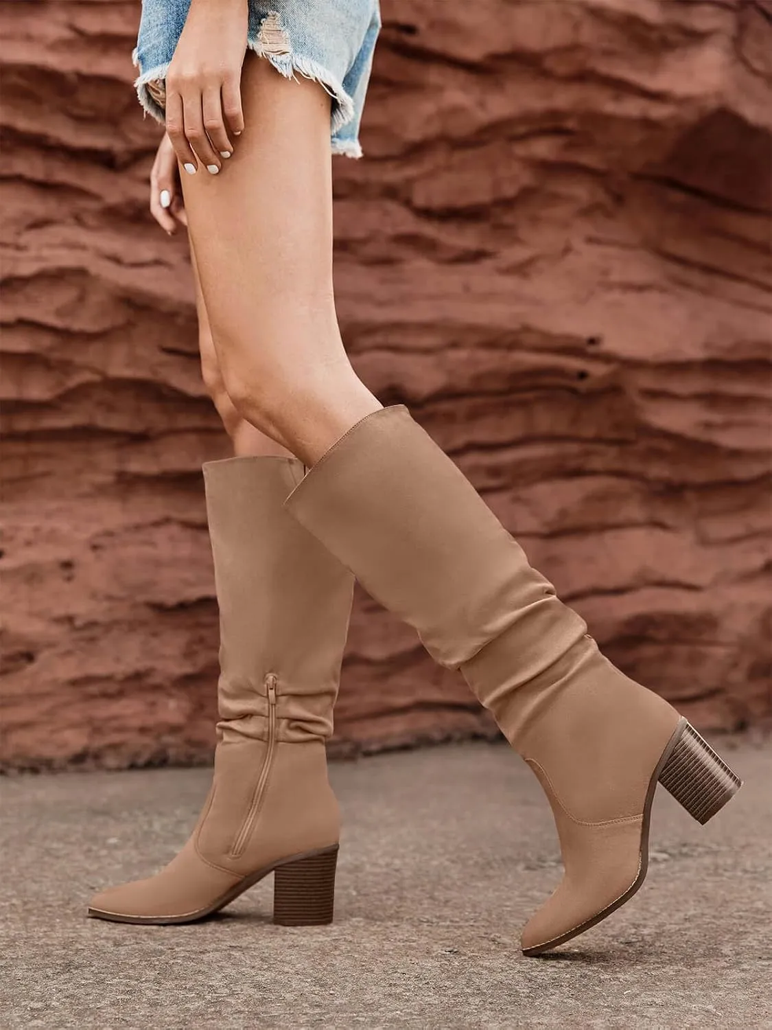 Huiyuzhi Womens Pointed Toe Mid Chunky Heel Side Zipper Knee High Boots Tall Booties