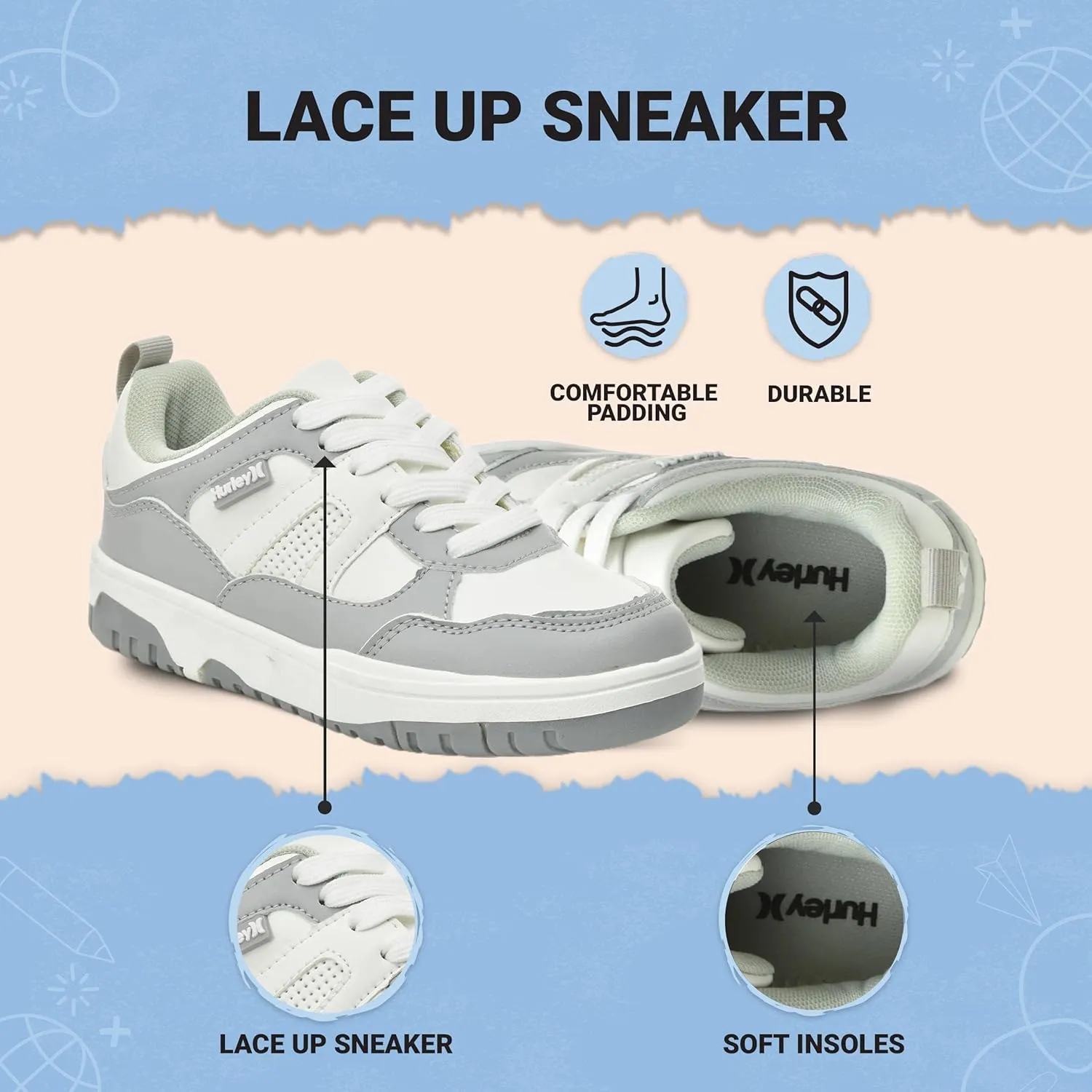 Hurley Kids' Jason Low Cut Sneakers, Lace Up Sneaker Shoes for Kids, Sports Shoes for Boys and Girls, Padded Sneakers with Durable Outsoles, Basketball Shoes for Kids