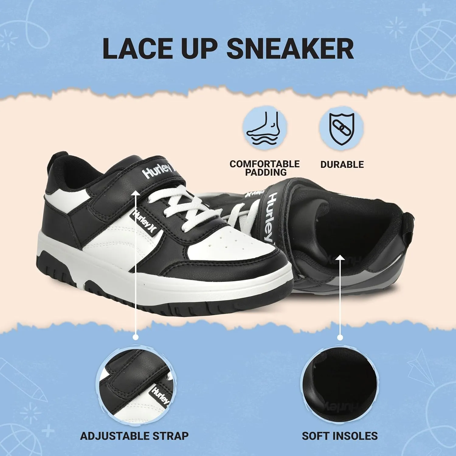 Hurley Kids Sneaker Rexx with Adjustable Strap, Perfect for Any Activity, All Comfort and Support - Boys and Girls