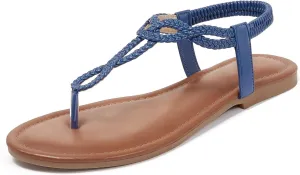 iCKER Women Rhinestone Sandals T-Strap Buckle Bohemian Pearl Crystal Flat Sandals