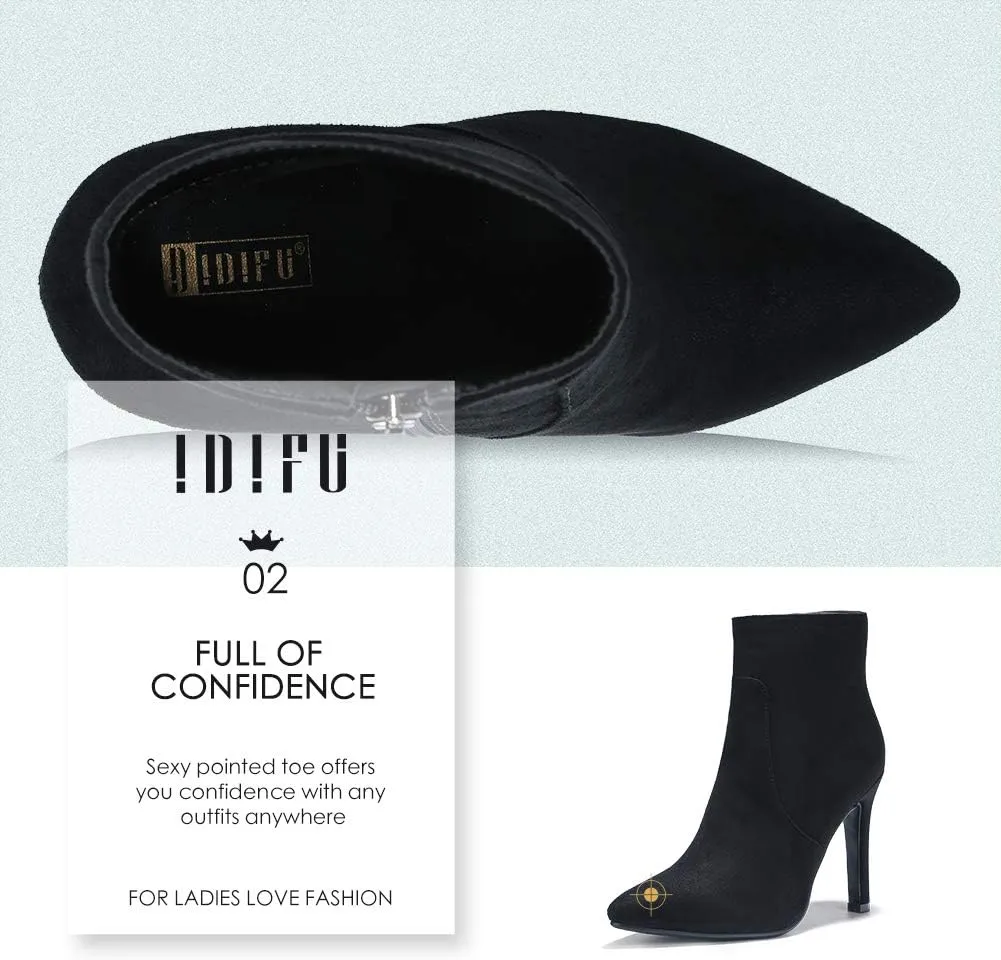 IDIFU Ankle Boots for Women High Heel Pointed Toe Boots Side Zipper Stiletto Booties