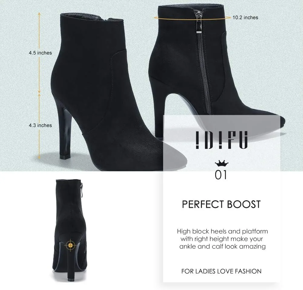 IDIFU Ankle Boots for Women High Heel Pointed Toe Boots Side Zipper Stiletto Booties
