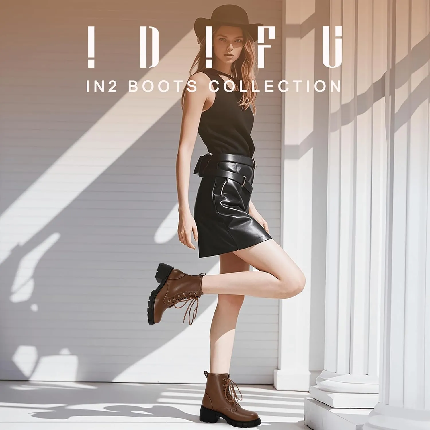 IDIFU IN2 Combat Boots Womens Ankle Boots Low Block Heel Fashion Chunky Short Platform Dress Boots for Women Round Toe Lace Up Boots Ladies Comfortable Cute Stylish Casual Work Lug Sole Booties