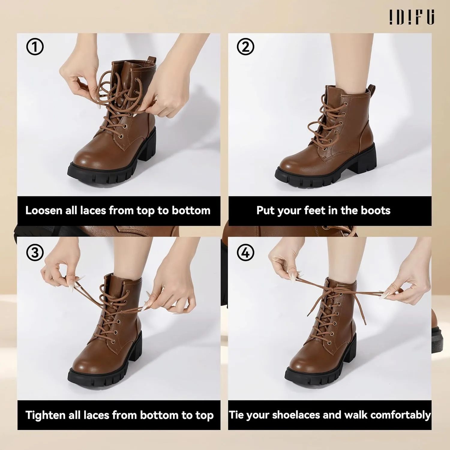 IDIFU IN2 Combat Boots Womens Ankle Boots Low Block Heel Fashion Chunky Short Platform Dress Boots for Women Round Toe Lace Up Boots Ladies Comfortable Cute Stylish Casual Work Lug Sole Booties