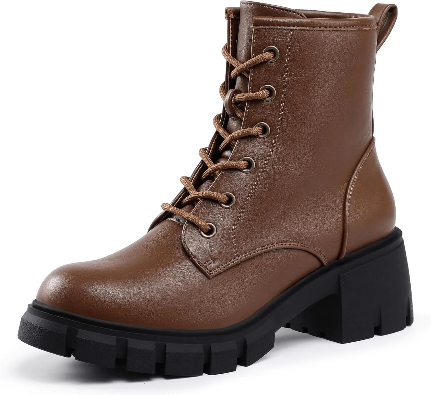 IDIFU IN2 Combat Boots Womens Ankle Boots Low Block Heel Fashion Chunky Short Platform Dress Boots for Women Round Toe Lace Up Boots Ladies Comfortable Cute Stylish Casual Work Lug Sole Booties