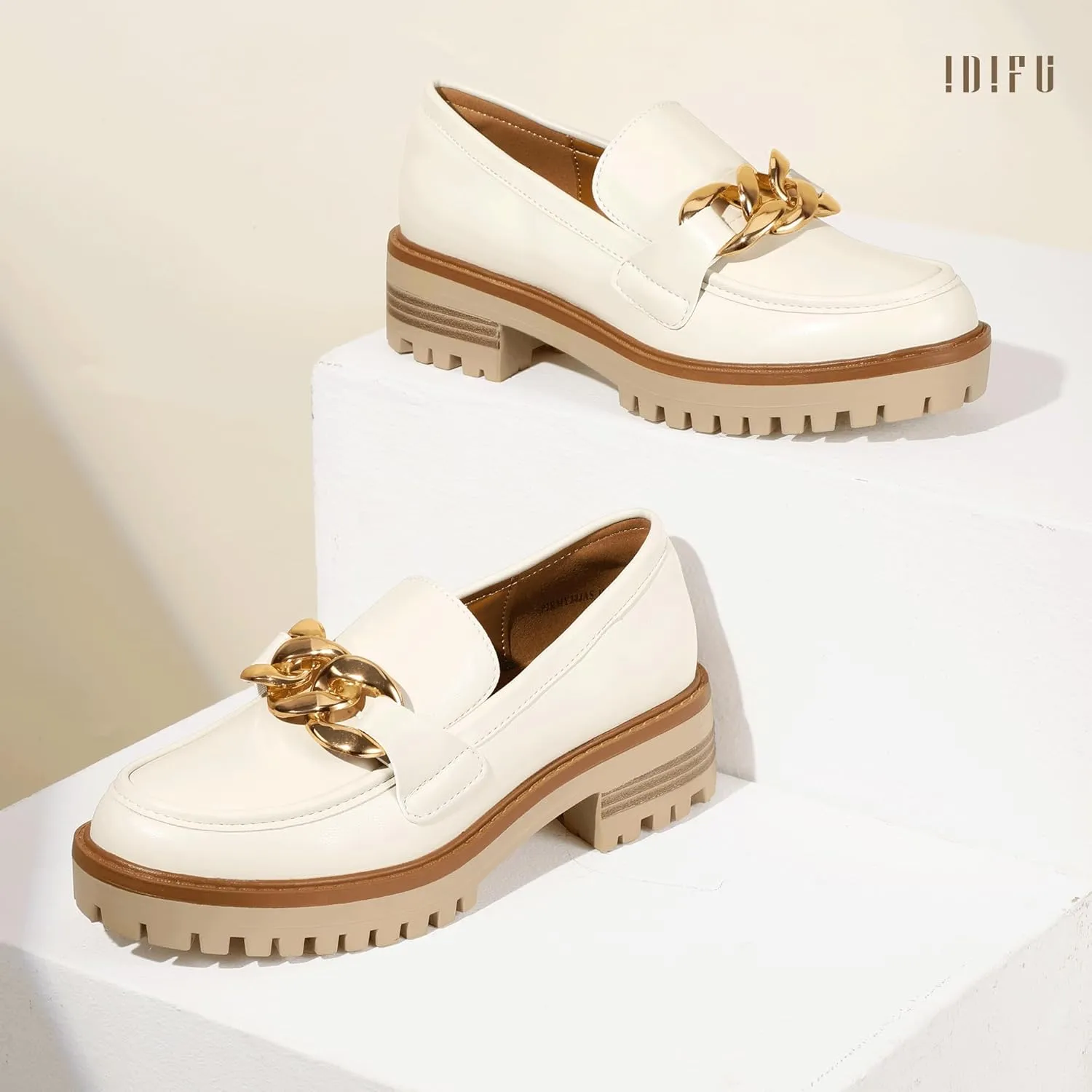 IDIFU IN2 Platform Loafers for Women Dressy with Metal Chain Slip On Low Chunky Block Lug Sole Heeled Penny Loafers Comfort Closed Round Toe Dress Shoes Office Work Business Casual Fall Loafers Shoes