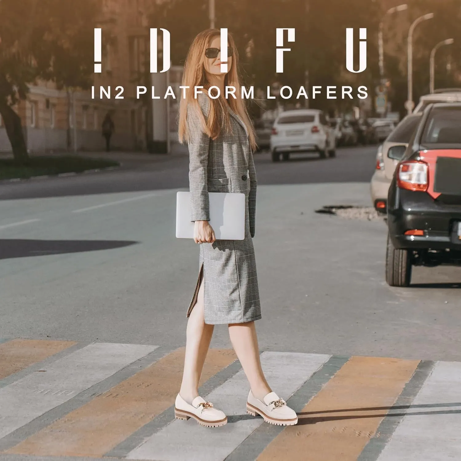 IDIFU IN2 Platform Loafers for Women Dressy with Metal Chain Slip On Low Chunky Block Lug Sole Heeled Penny Loafers Comfort Closed Round Toe Dress Shoes Office Work Business Casual Fall Loafers Shoes