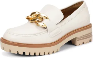 IDIFU IN2 Platform Loafers for Women Dressy with Metal Chain Slip On Low Chunky Block Lug Sole Heeled Penny Loafers Comfort Closed Round Toe Dress Shoes Office Work Business Casual Fall Loafers Shoes