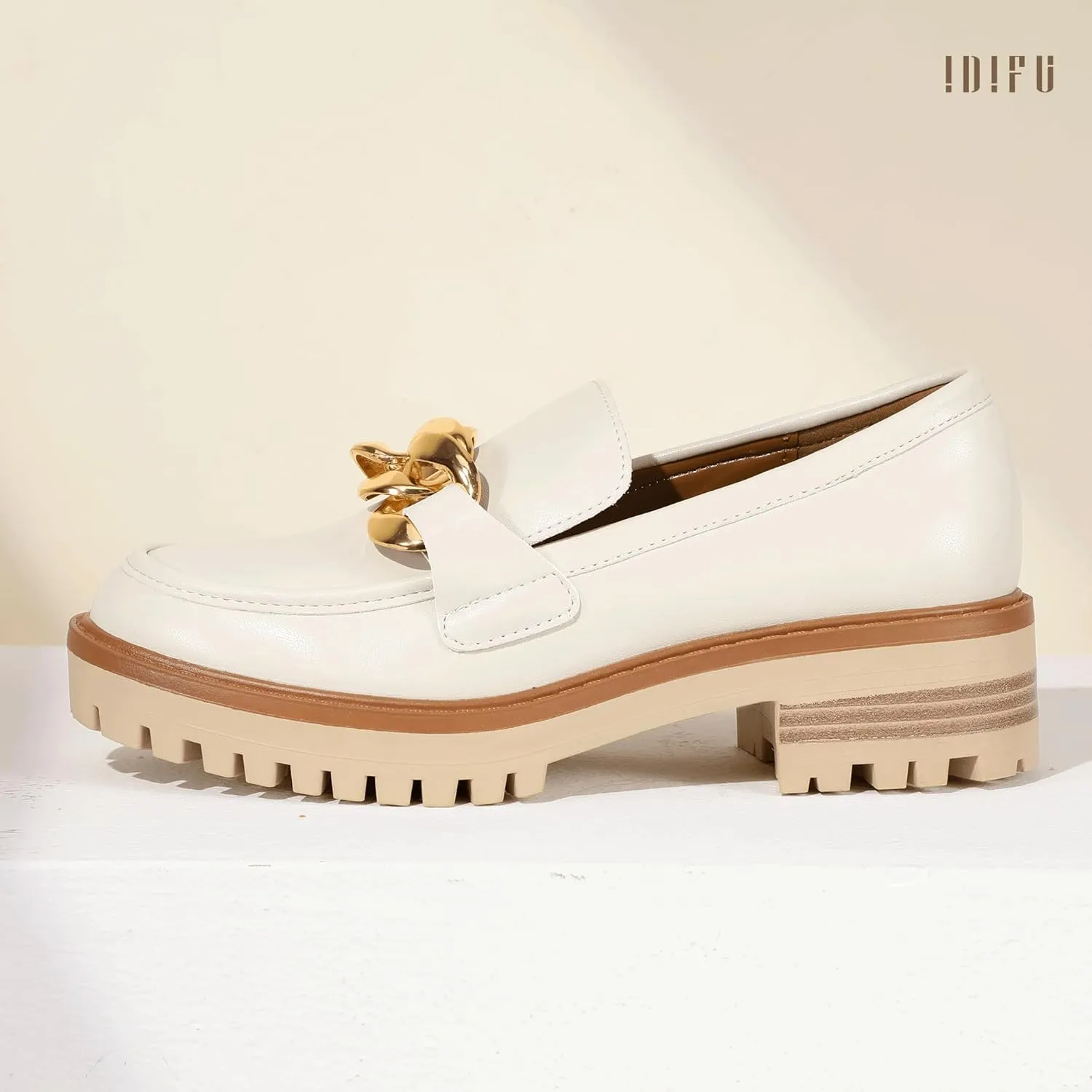 IDIFU IN2 Platform Loafers for Women Dressy with Metal Chain Slip On Low Chunky Block Lug Sole Heeled Penny Loafers Comfort Closed Round Toe Dress Shoes Office Work Business Casual Fall Loafers Shoes