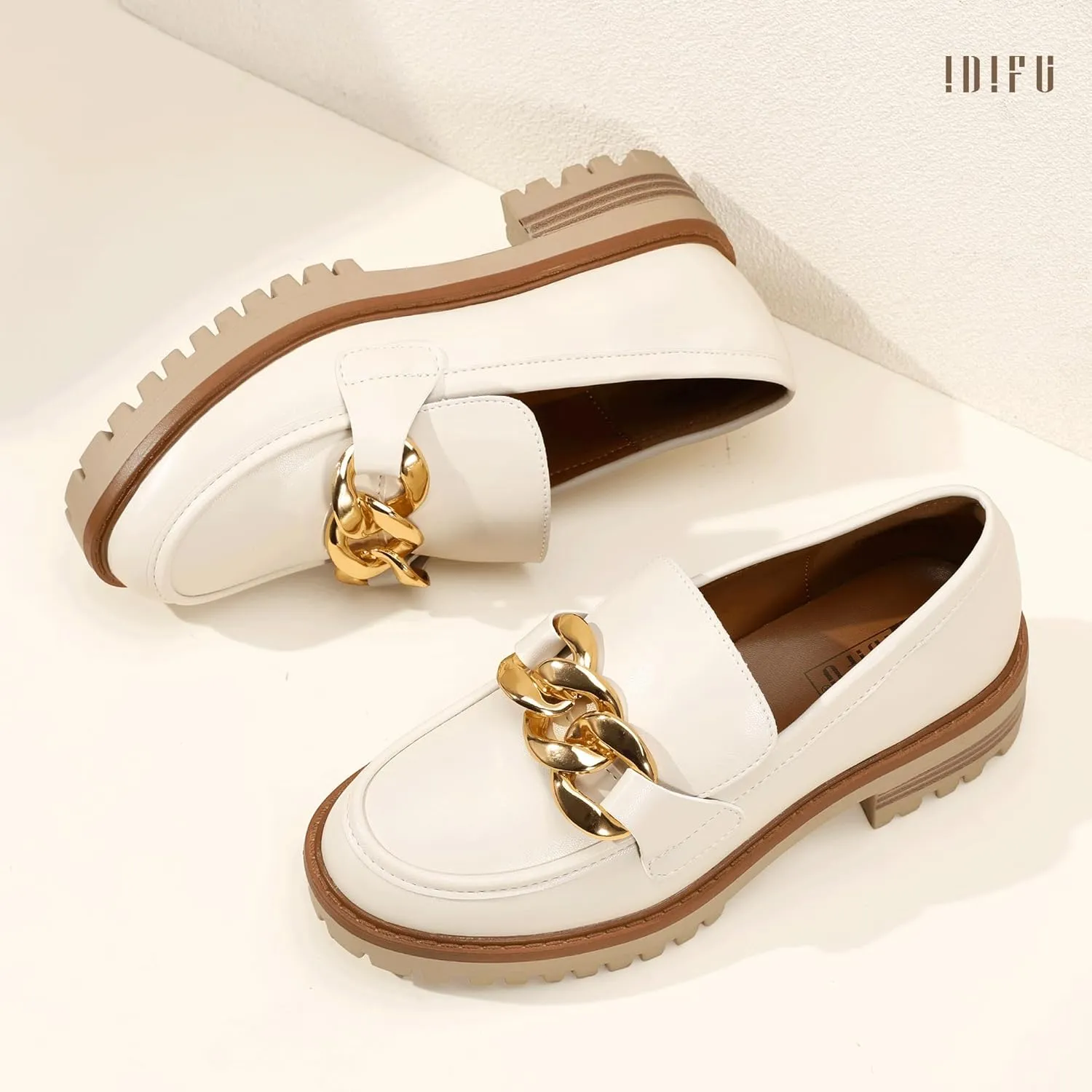 IDIFU IN2 Platform Loafers for Women Dressy with Metal Chain Slip On Low Chunky Block Lug Sole Heeled Penny Loafers Comfort Closed Round Toe Dress Shoes Office Work Business Casual Fall Loafers Shoes