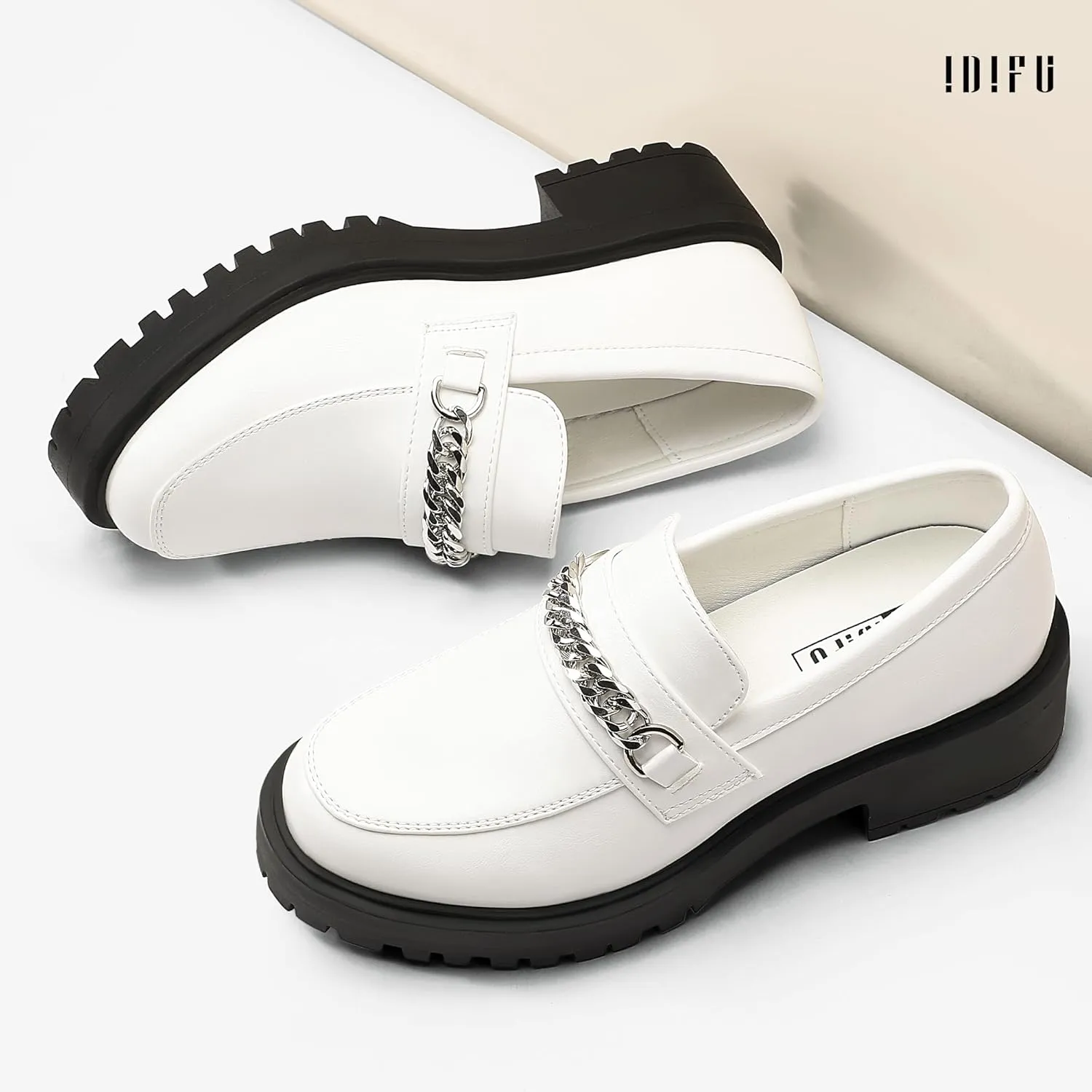 IDIFU IN2 Platform Loafers for Women with Chain Chunky Heel Penny Loafers Comfortable Round Toe Dress Shoes Work Office Business Dressy Fashion Casual Slip On Lug Sole Loafers Shoes