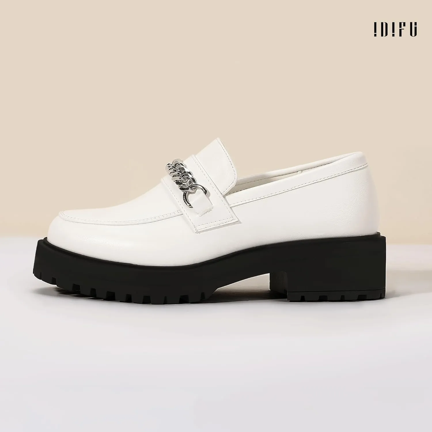 IDIFU IN2 Platform Loafers for Women with Chain Chunky Heel Penny Loafers Comfortable Round Toe Dress Shoes Work Office Business Dressy Fashion Casual Slip On Lug Sole Loafers Shoes
