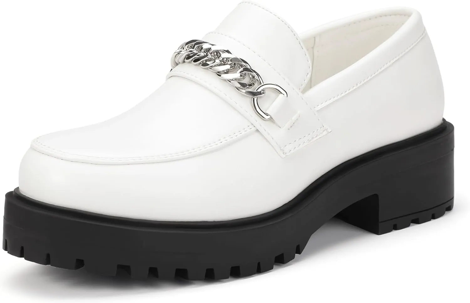 IDIFU IN2 Platform Loafers for Women with Chain Chunky Heel Penny Loafers Comfortable Round Toe Dress Shoes Work Office Business Dressy Fashion Casual Slip On Lug Sole Loafers Shoes