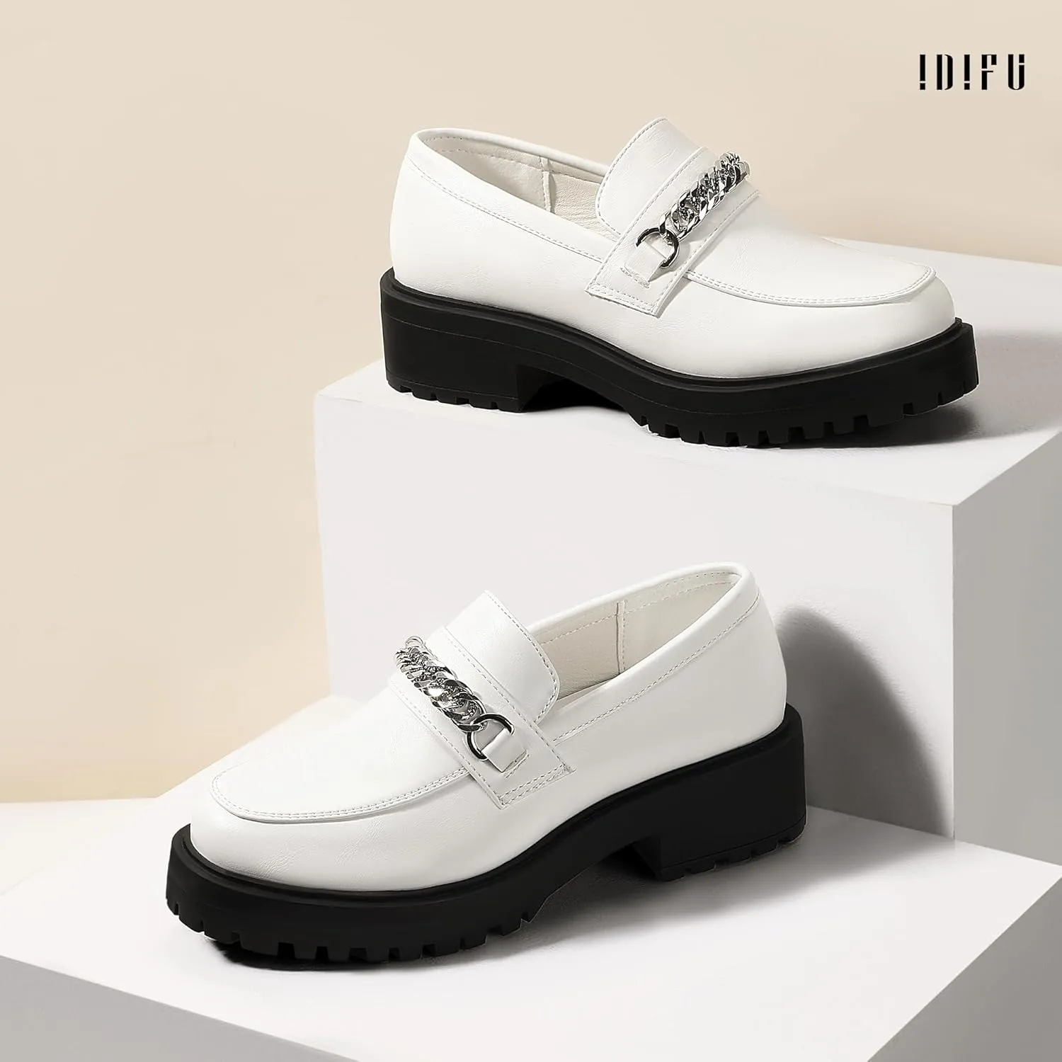 IDIFU IN2 Platform Loafers for Women with Chain Chunky Heel Penny Loafers Comfortable Round Toe Dress Shoes Work Office Business Dressy Fashion Casual Slip On Lug Sole Loafers Shoes