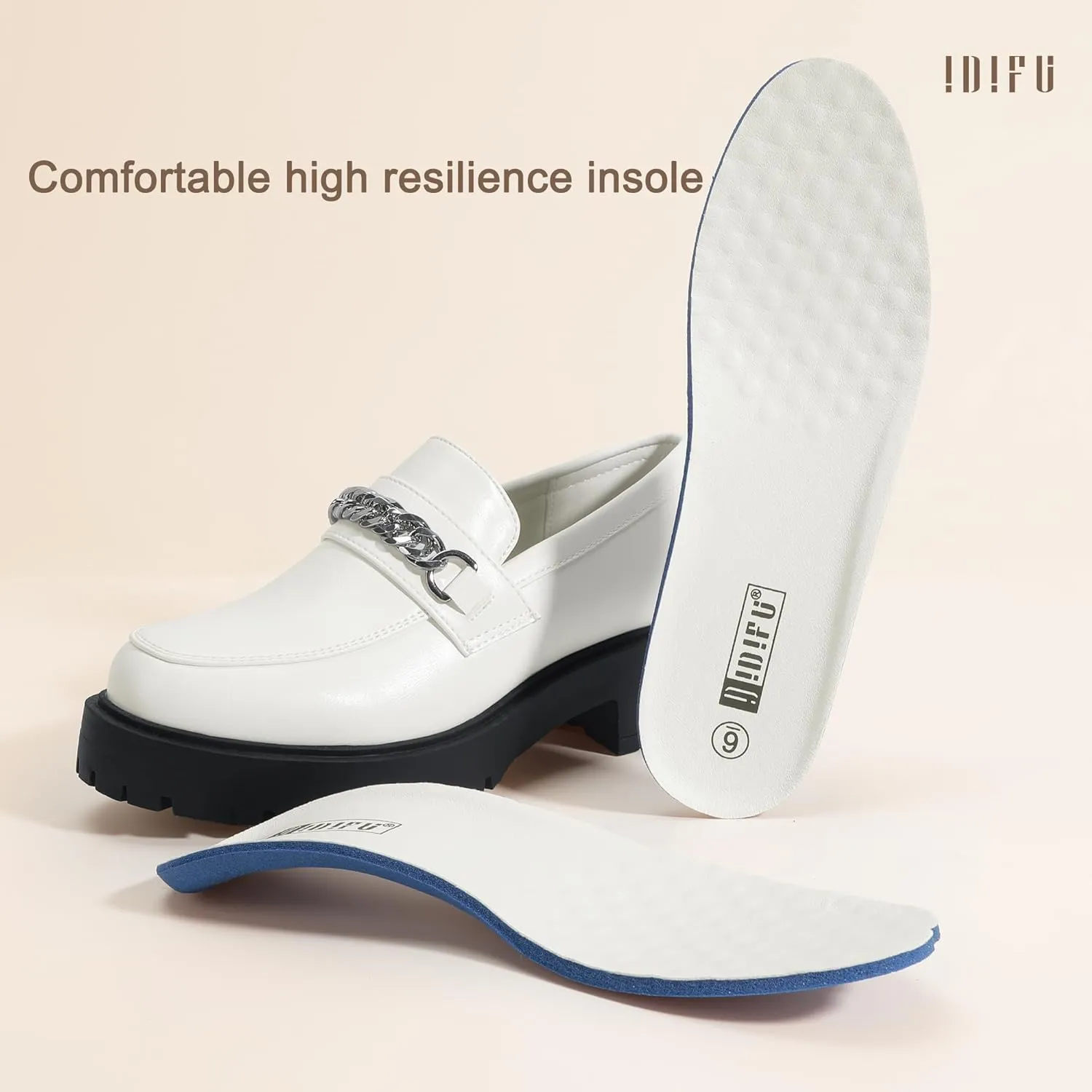 IDIFU IN2 Platform Loafers for Women with Chain Chunky Heel Penny Loafers Comfortable Round Toe Dress Shoes Work Office Business Dressy Fashion Casual Slip On Lug Sole Loafers Shoes
