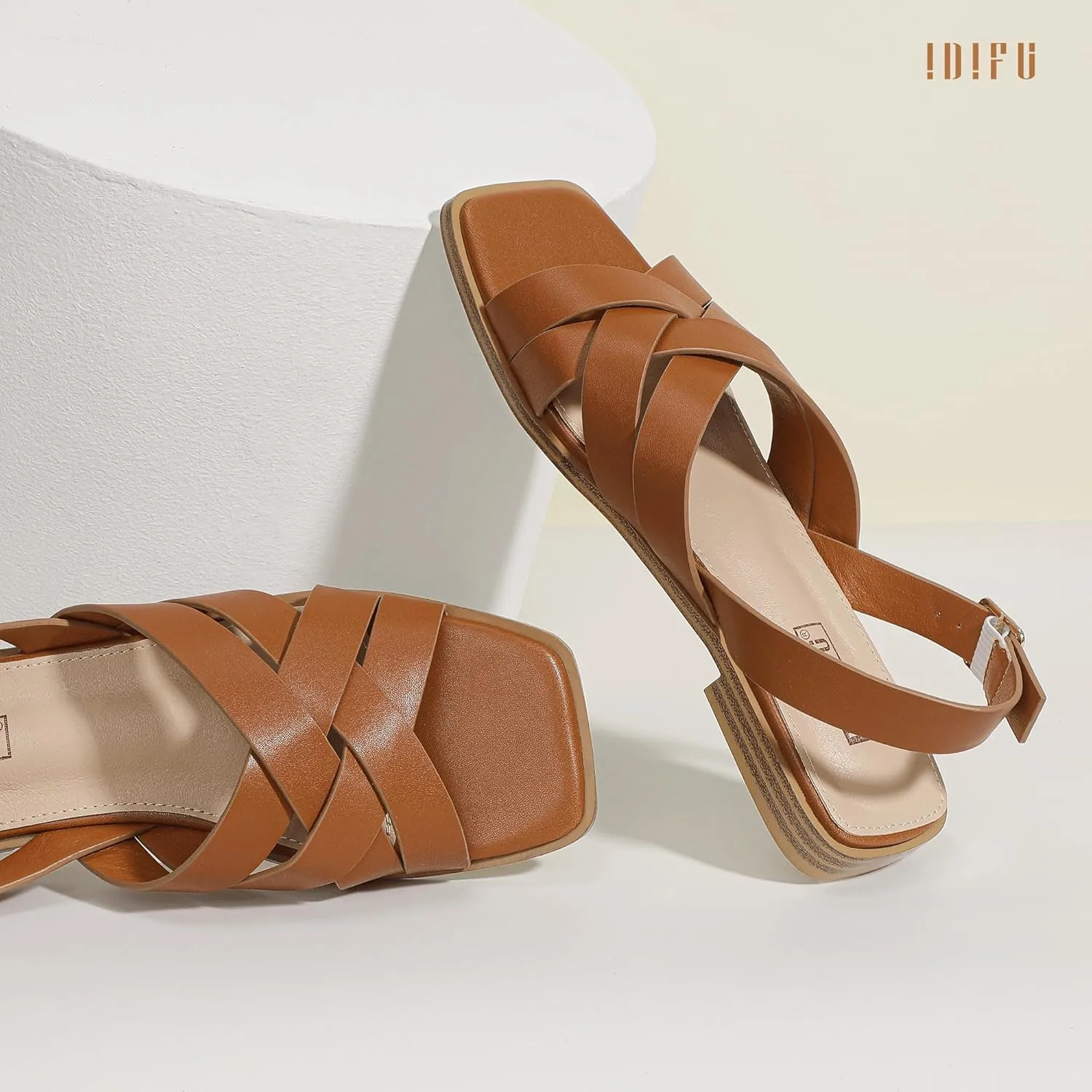 IDIFU Strappy Flat Sandals for Women Square Open Toe Summer Beach Dressy Dress Ladies Comfortable Cute Comfy Trendy Casual Buckle Slingback Sandals with Back Strap