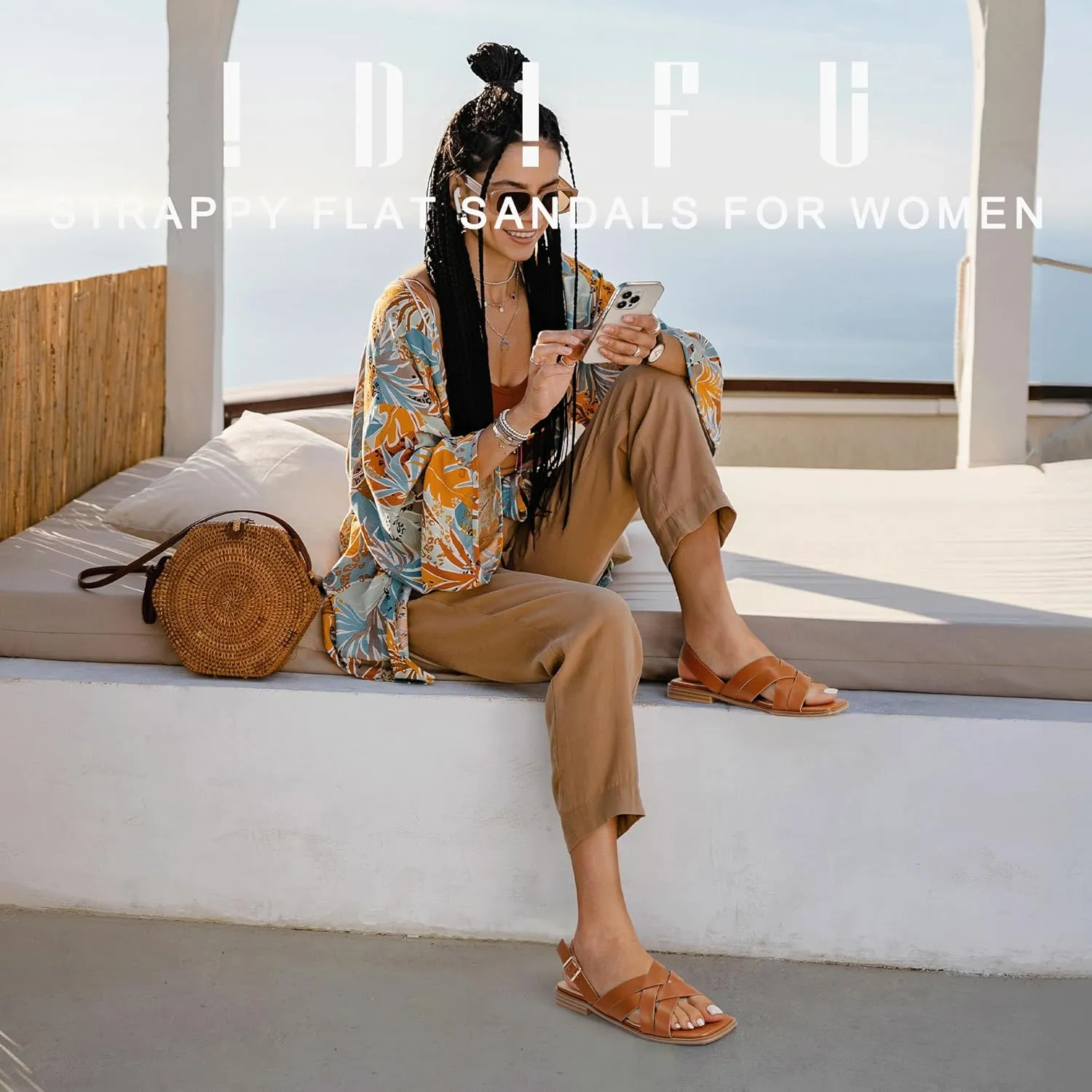 IDIFU Strappy Flat Sandals for Women Square Open Toe Summer Beach Dressy Dress Ladies Comfortable Cute Comfy Trendy Casual Buckle Slingback Sandals with Back Strap