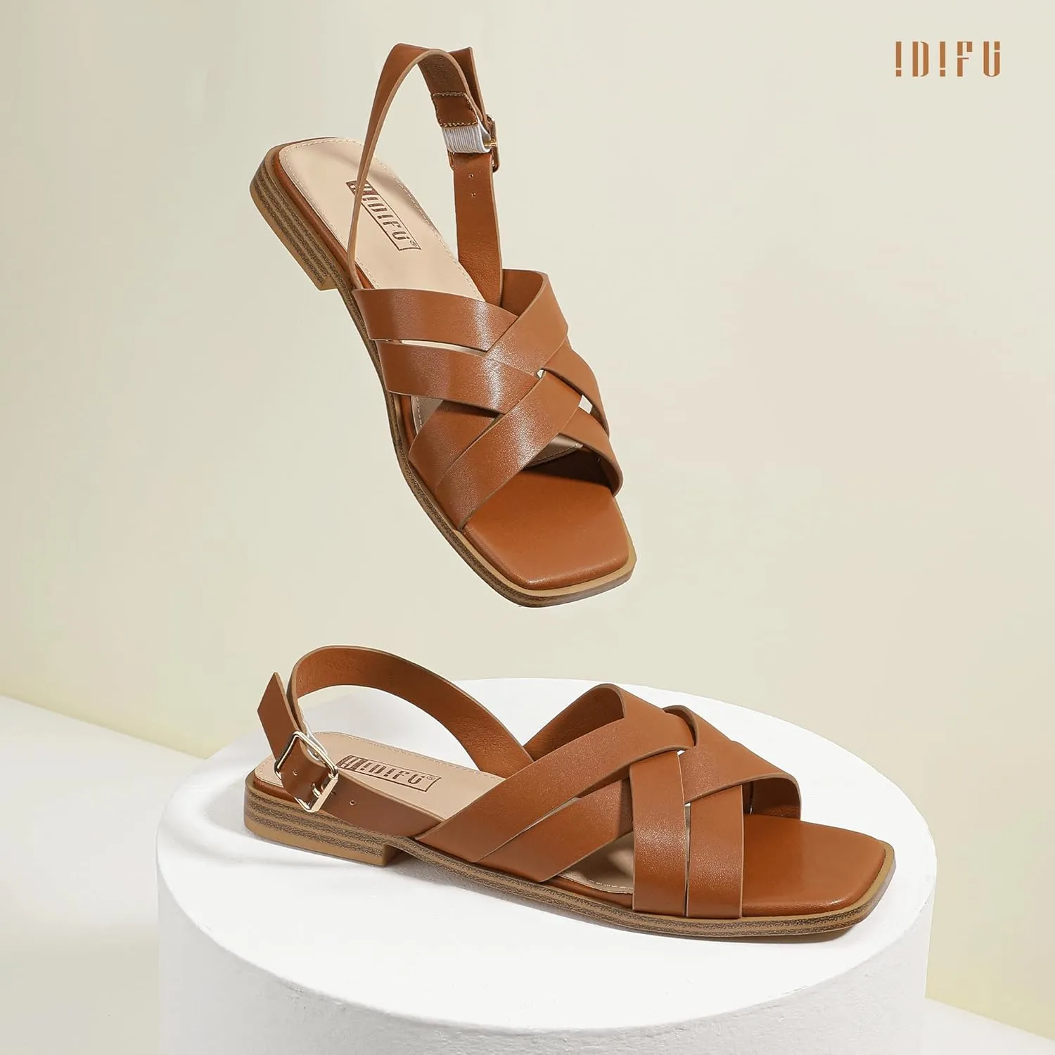 IDIFU Strappy Flat Sandals for Women Square Open Toe Summer Beach Dressy Dress Ladies Comfortable Cute Comfy Trendy Casual Buckle Slingback Sandals with Back Strap