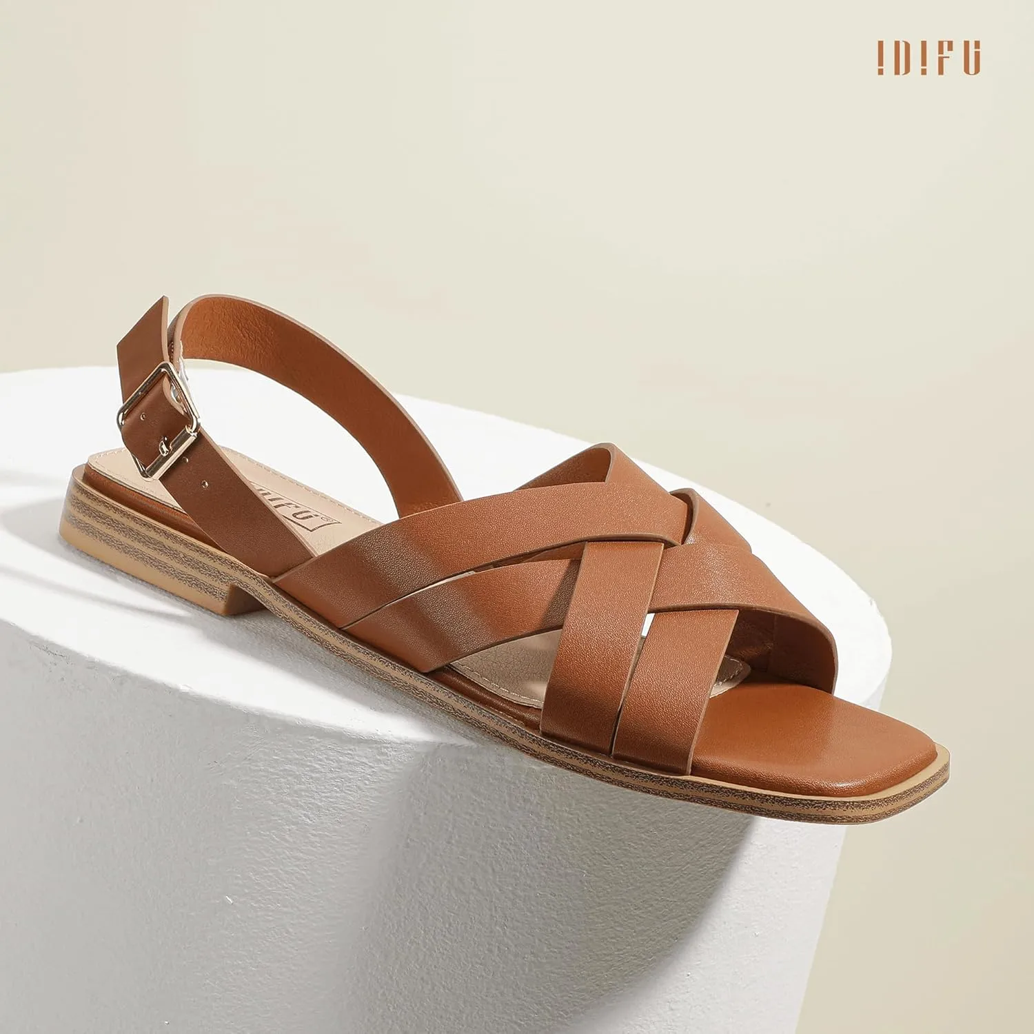 IDIFU Strappy Flat Sandals for Women Square Open Toe Summer Beach Dressy Dress Ladies Comfortable Cute Comfy Trendy Casual Buckle Slingback Sandals with Back Strap