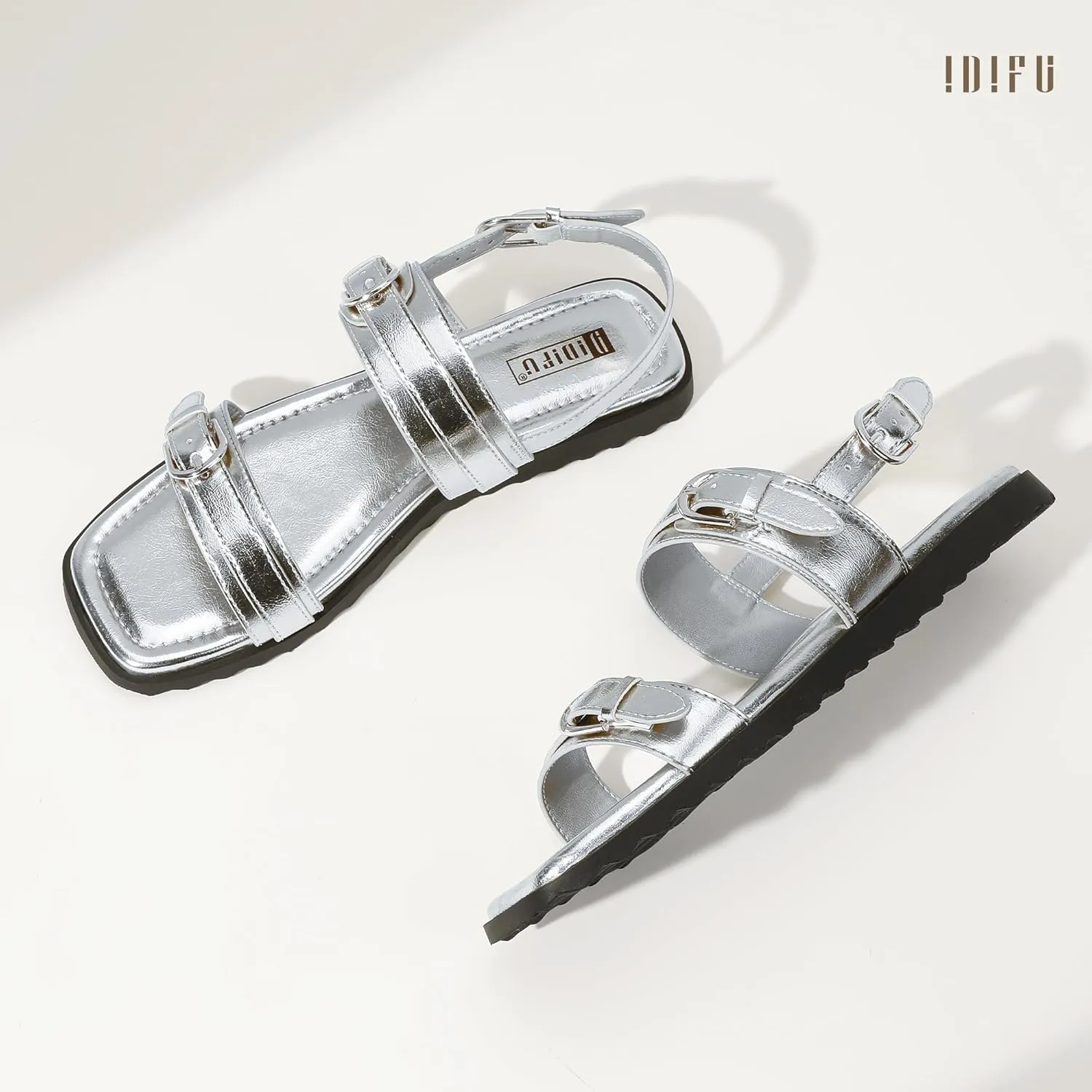 IDIFU Women's Flat Sandals Square Open Toe with Buckles Ankle Strap Slingback Dress Sandal Wedding Prom Beach Comfortable Fashion Summer Dressy Ladies Sandals