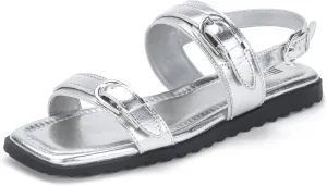 IDIFU Women's Flat Sandals Square Open Toe with Buckles Ankle Strap Slingback Dress Sandal Wedding Prom Beach Comfortable Fashion Summer Dressy Ladies Sandals