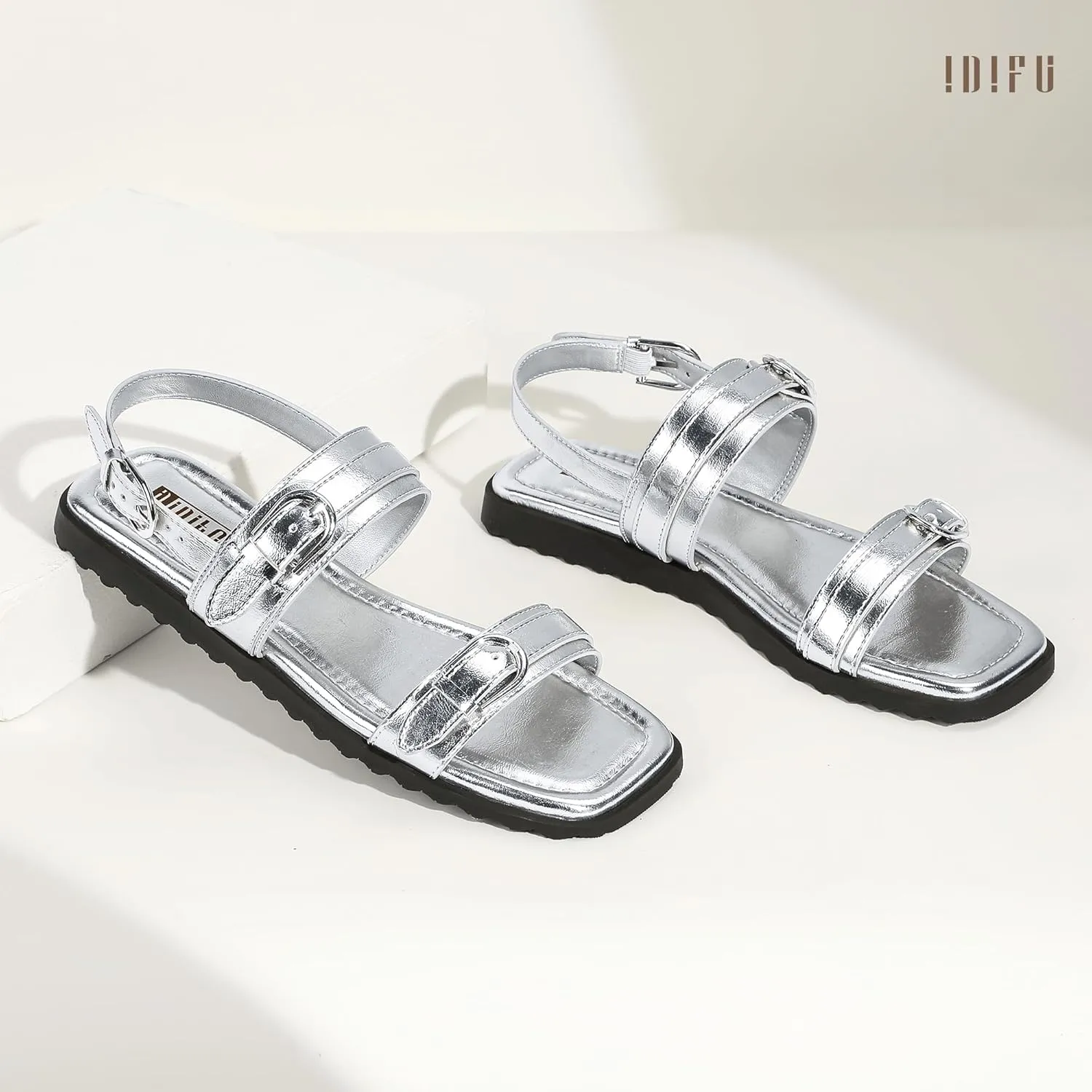 IDIFU Women's Flat Sandals Square Open Toe with Buckles Ankle Strap Slingback Dress Sandal Wedding Prom Beach Comfortable Fashion Summer Dressy Ladies Sandals