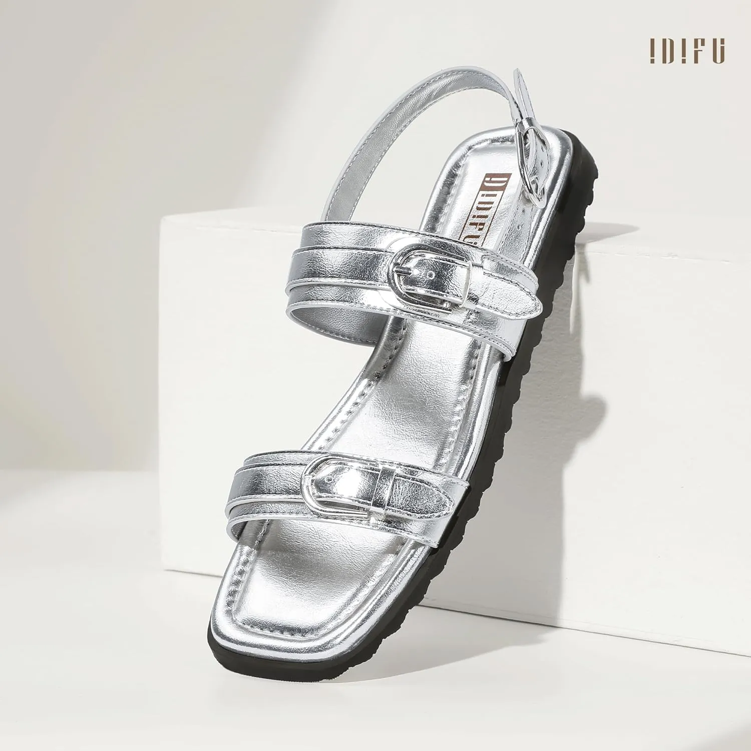 IDIFU Women's Flat Sandals Square Open Toe with Buckles Ankle Strap Slingback Dress Sandal Wedding Prom Beach Comfortable Fashion Summer Dressy Ladies Sandals