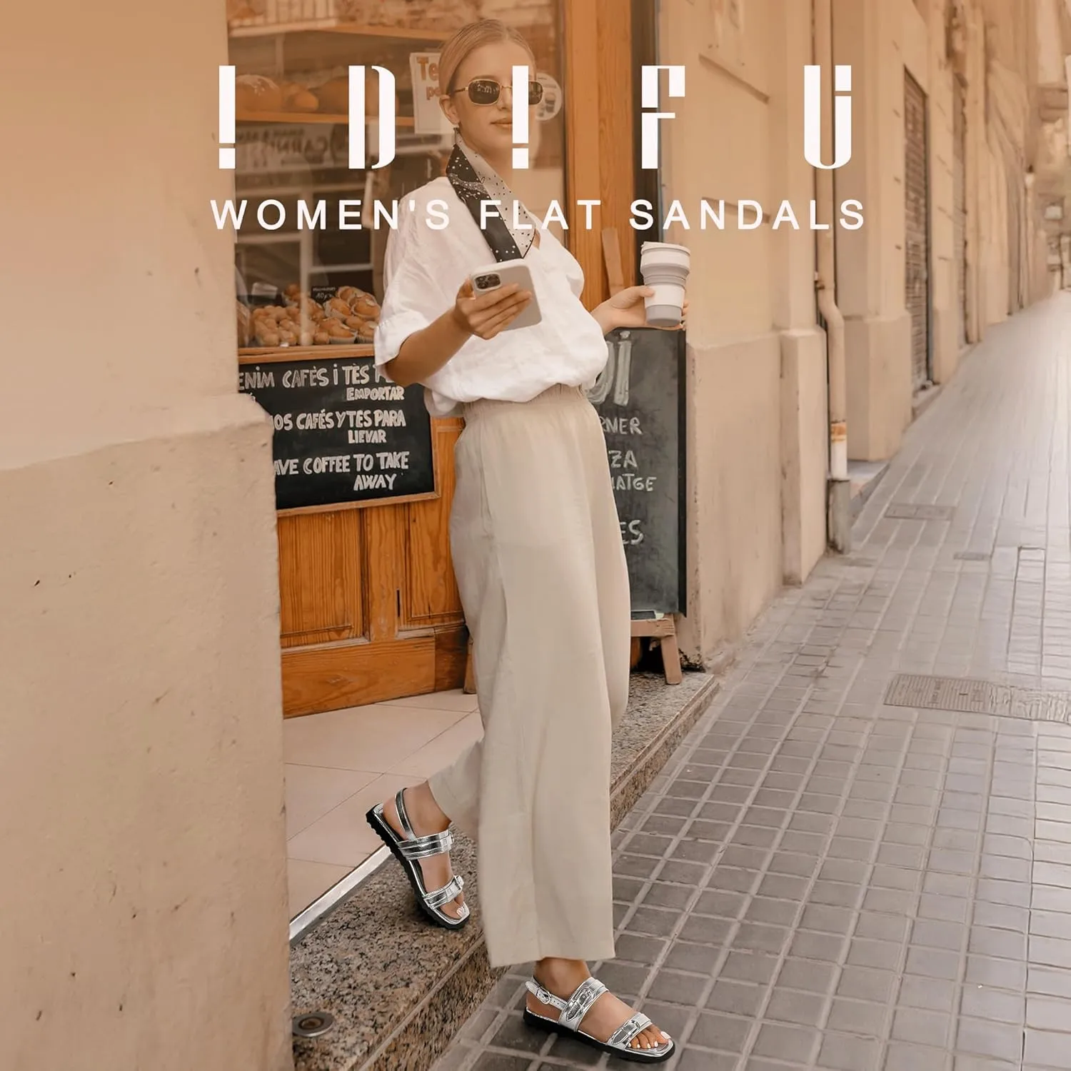 IDIFU Women's Flat Sandals Square Open Toe with Buckles Ankle Strap Slingback Dress Sandal Wedding Prom Beach Comfortable Fashion Summer Dressy Ladies Sandals
