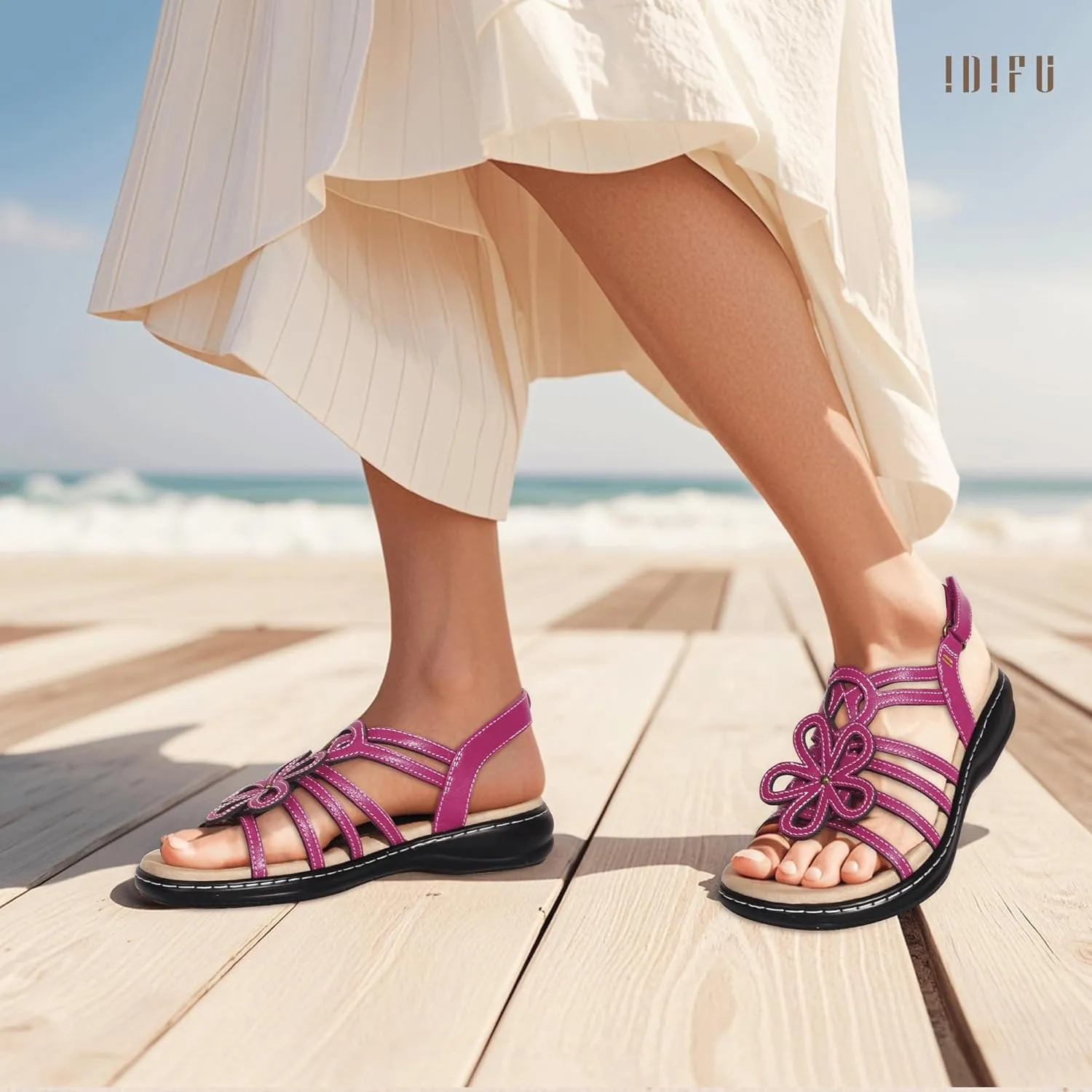 IDIFU Women's Sandals Strappy Back Strap Open Toe Slingback Sandals Summer Beach Walking Wedding Bridal Dress Sandals for Women Travel Dressy Comfortable Trendy Casual Flats Sandals - Wide Width